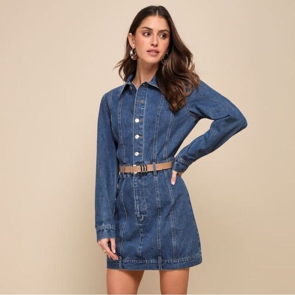 LuLu's Flawless Trend Medium Wash Denim Long Sleeve Mini Dress size XS NEW - Picture 7 of 8